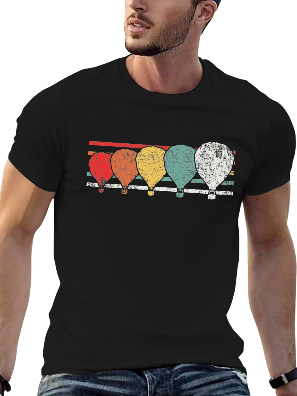 Retro Hot Air Balloon Graphic Tee - Black