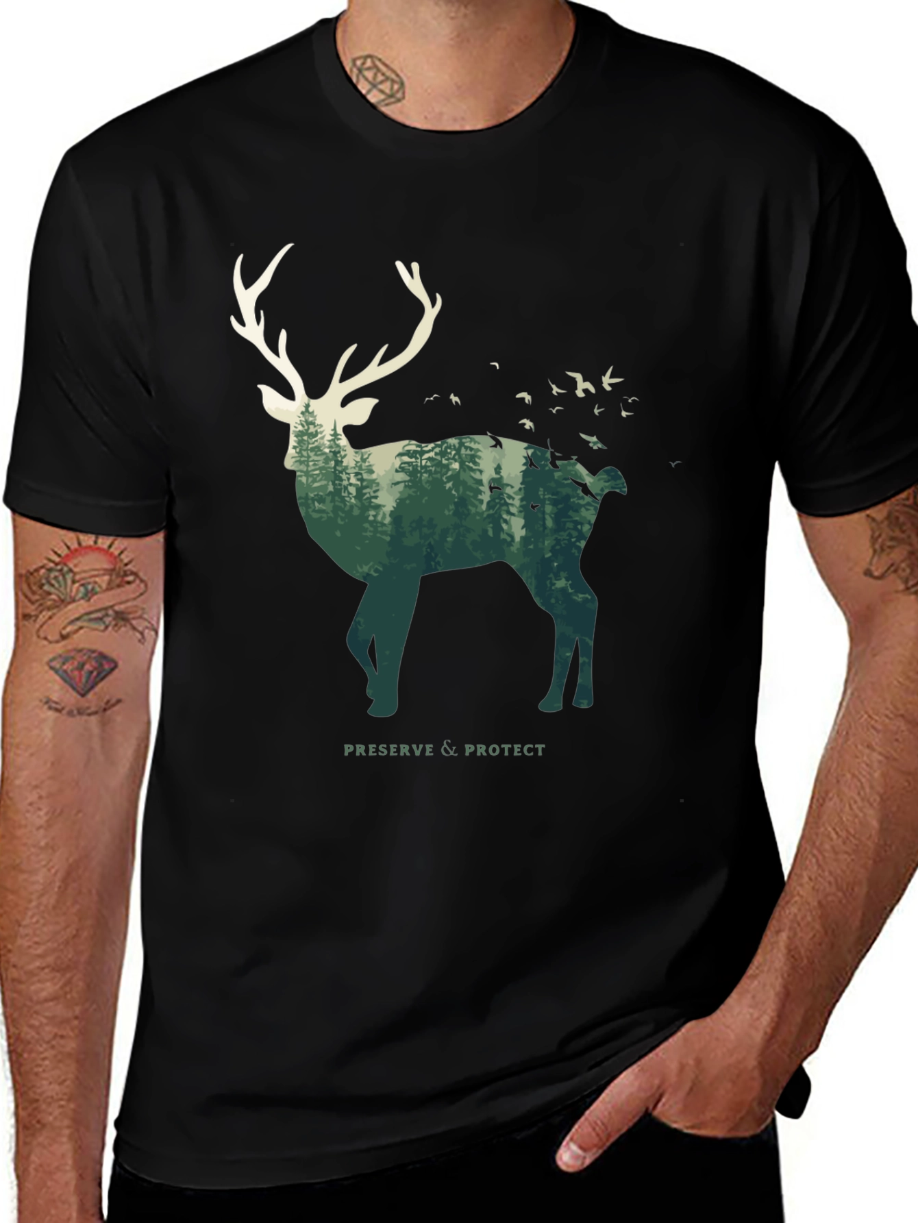 Deer Forest Graphic Tee - Nature Lovers Black T-Shirt