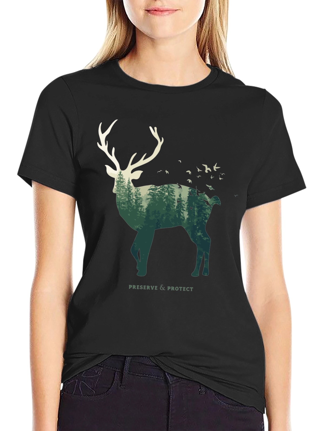 Deer Forest Graphic Tee - Nature Lovers Black T-Shirt