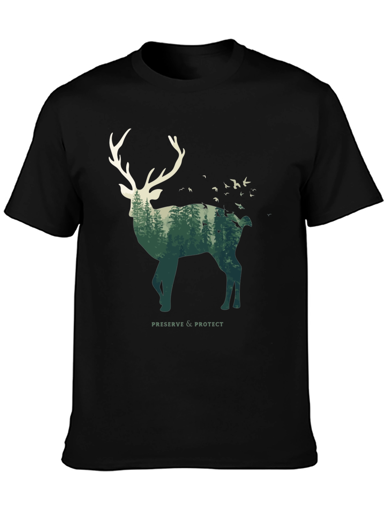 Deer Forest Graphic Tee - Nature Lovers Black T-Shirt