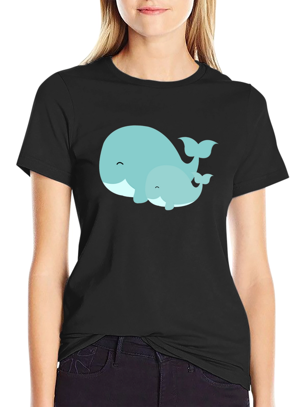 Cute Whale Family Graphic Tee - Black