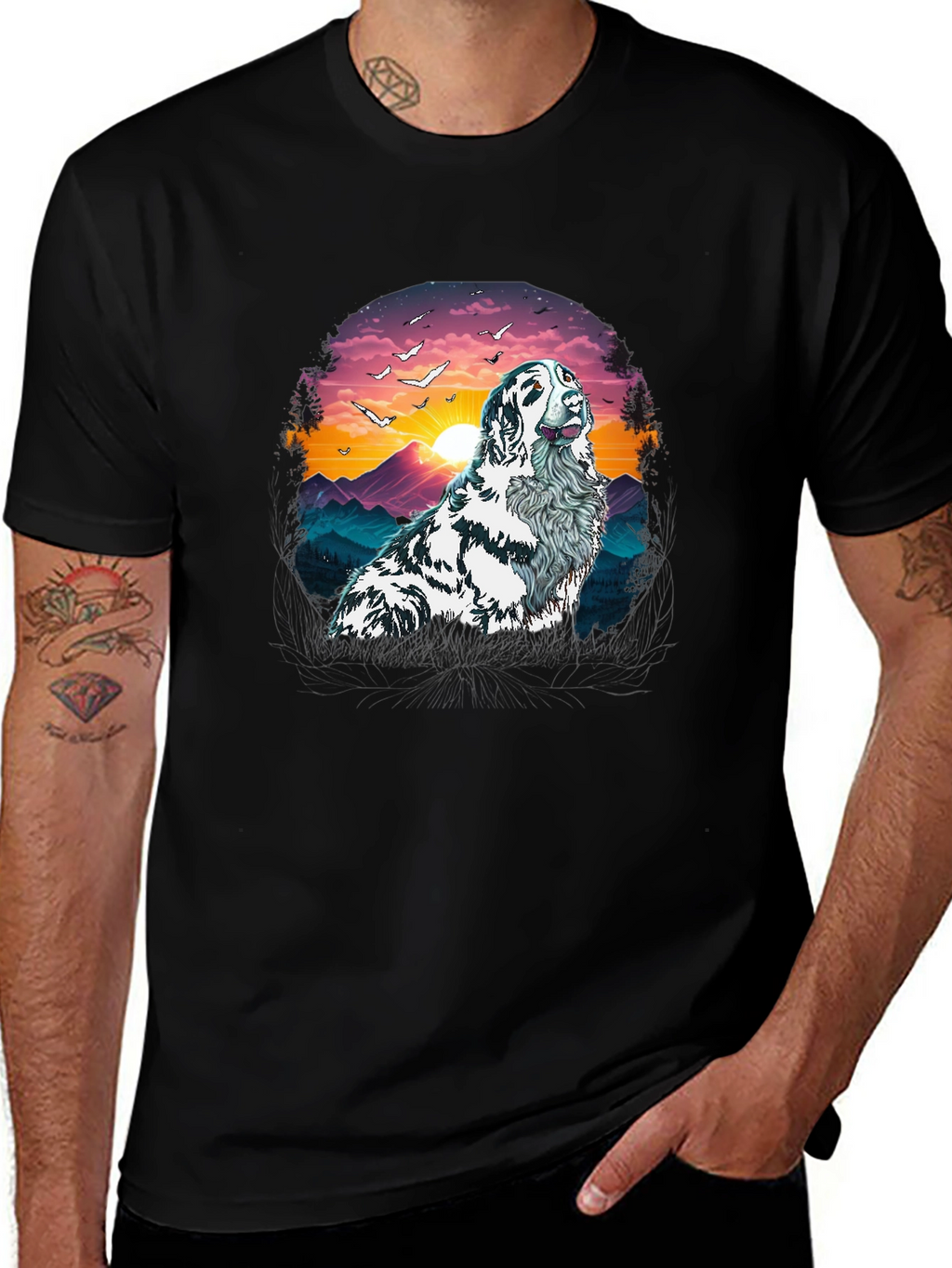 Dog Sunset T-Shirt | Mens Crew Neck Tee