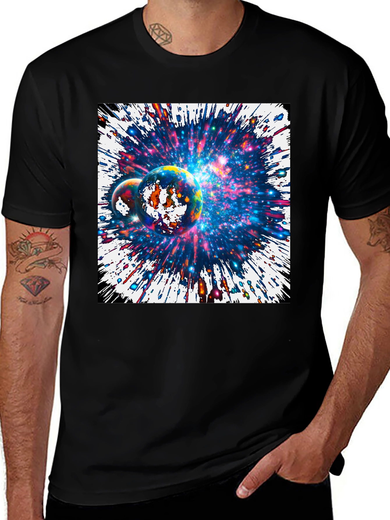 Cosmic Planets Graphic Tee - Black Cotton T-Shirt