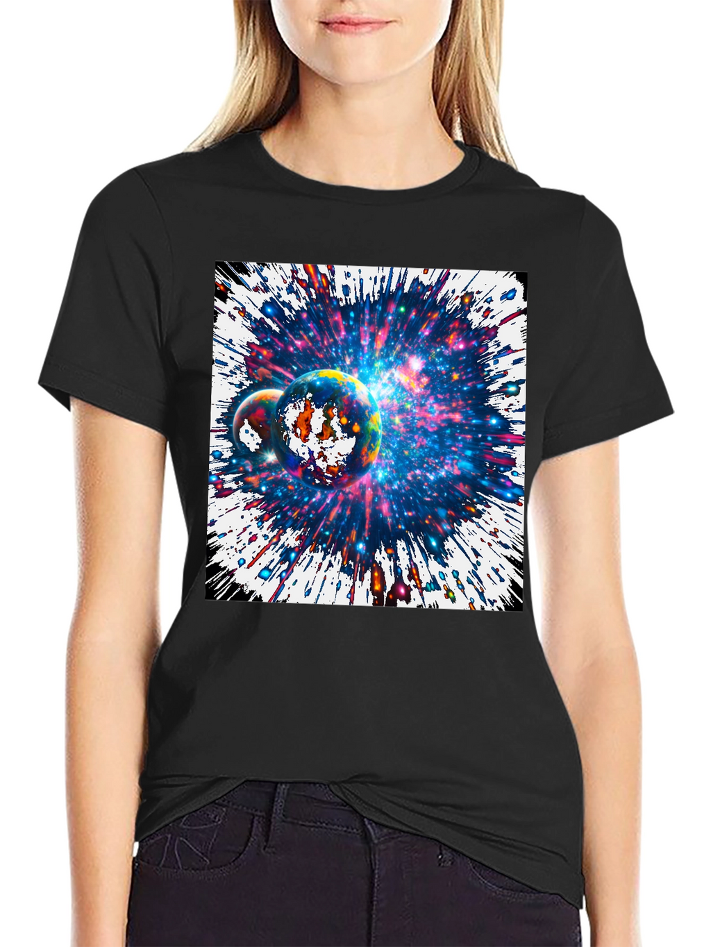 Cosmic Planets Graphic Tee - Black Cotton T-Shirt