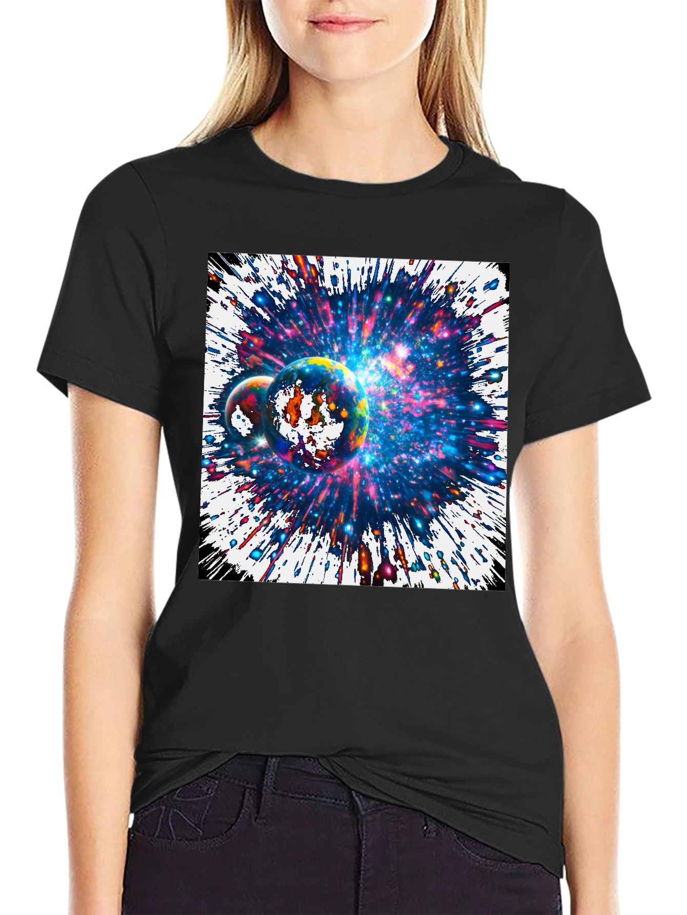 Cosmic Planets Graphic Tee - Black Cotton T-Shirt