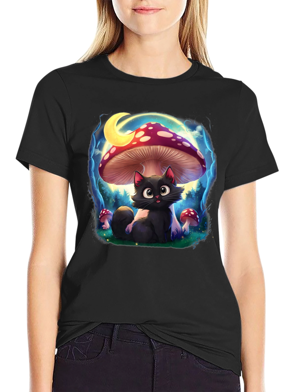 Black Cat Mushroom T-Shirt: Whimsical & Unique Design