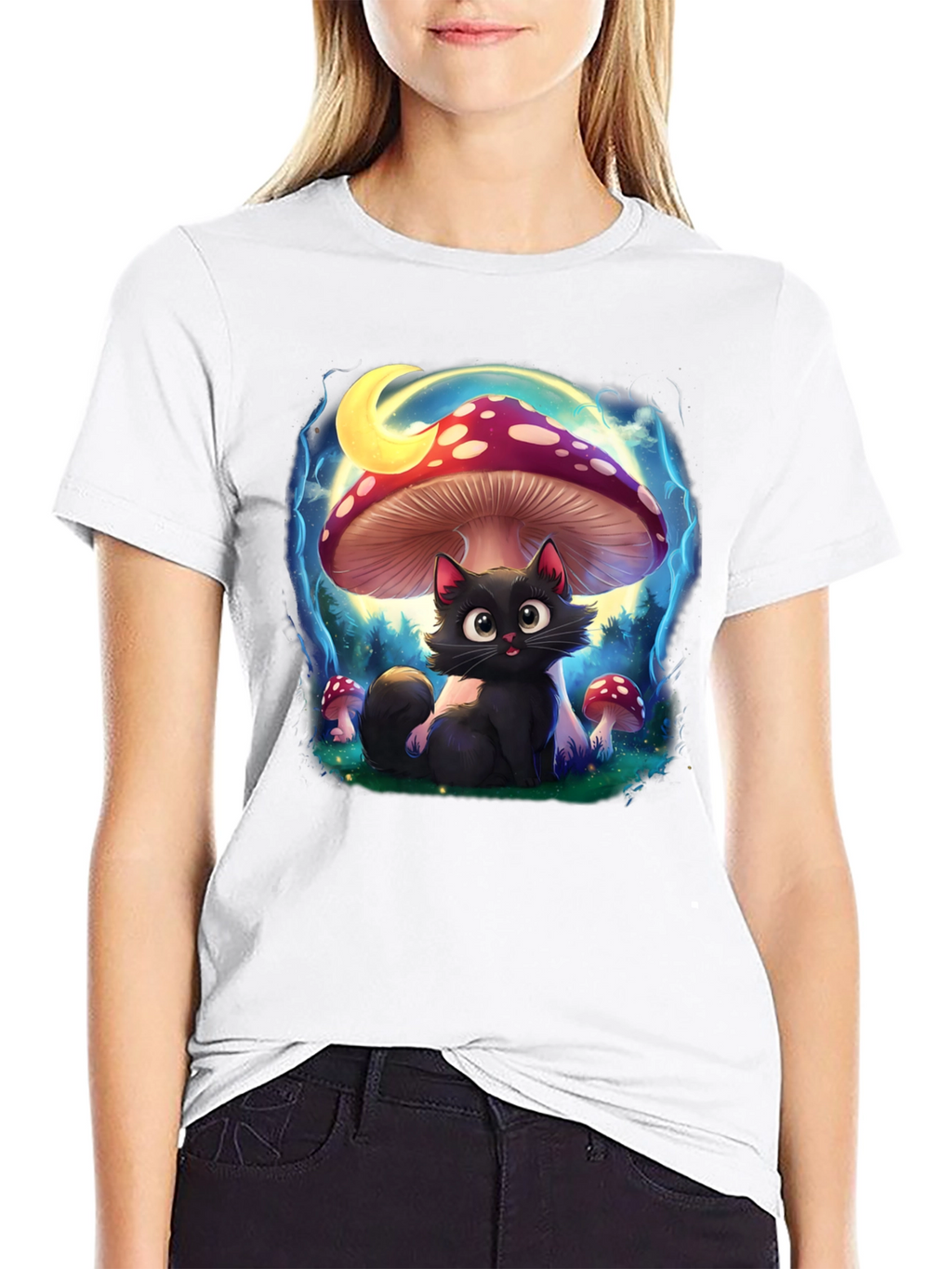 Black Cat Mushroom T-Shirt: Whimsical & Unique Design