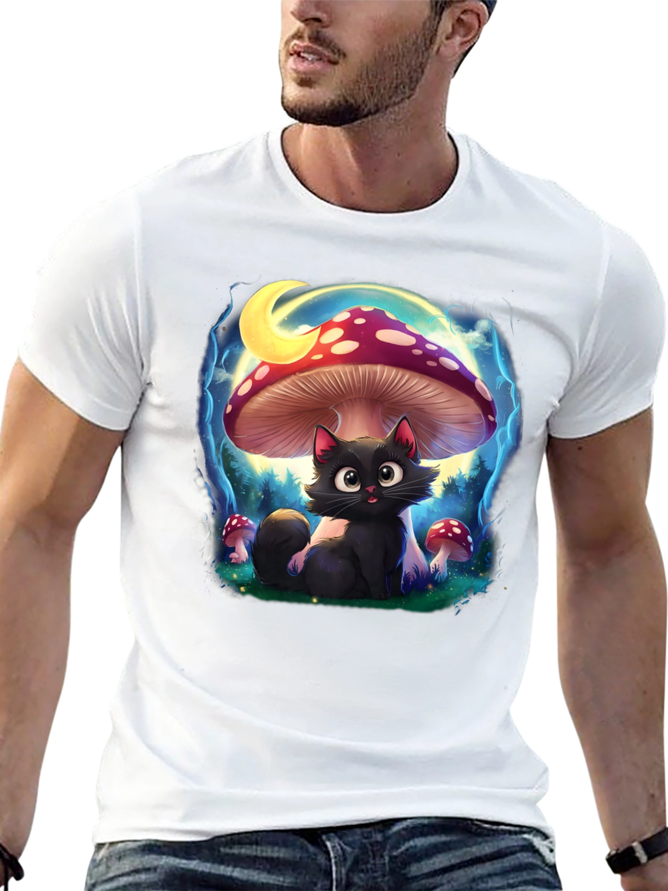 Black Cat Mushroom T-Shirt: Whimsical & Unique Design
