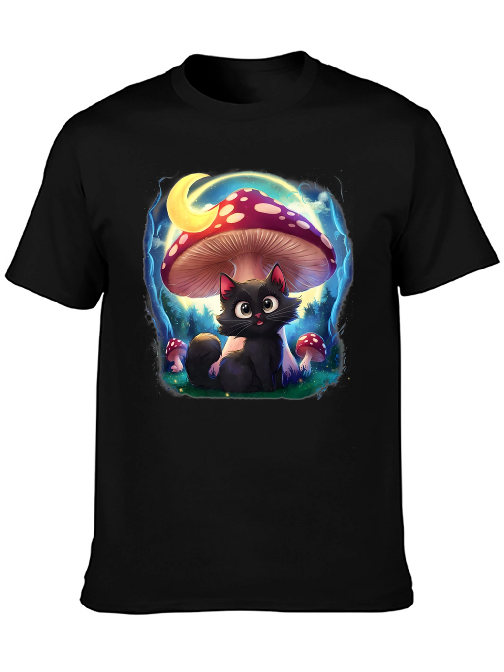 Black Cat Mushroom T-Shirt: Whimsical & Unique Design
