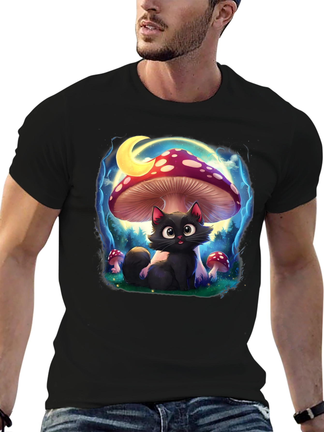 Black Cat Mushroom T-Shirt: Whimsical & Unique Design