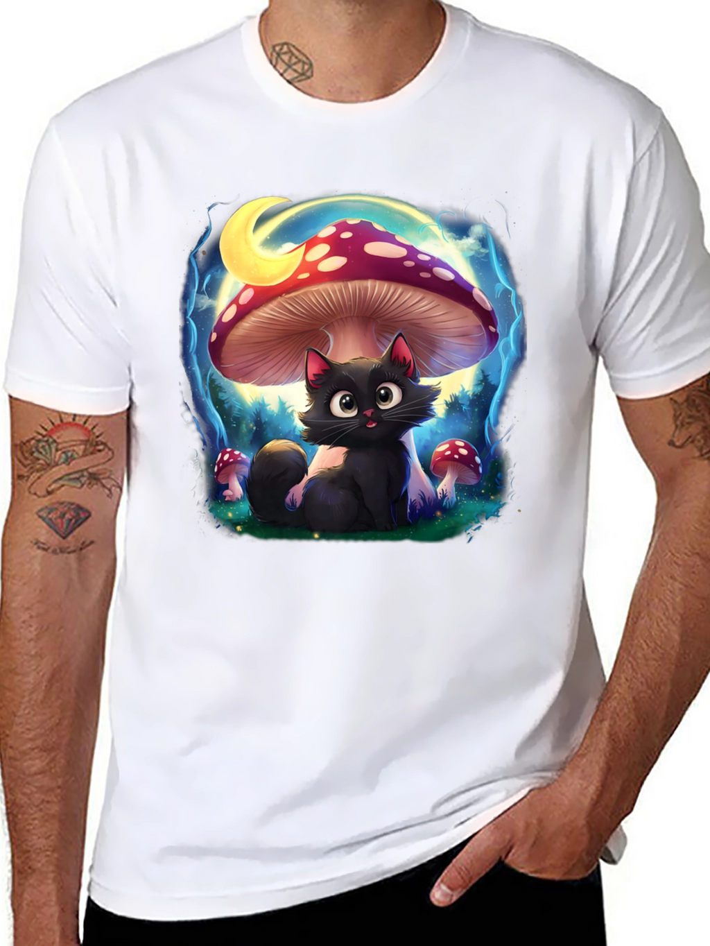 Black Cat Mushroom T-Shirt: Whimsical & Unique Design