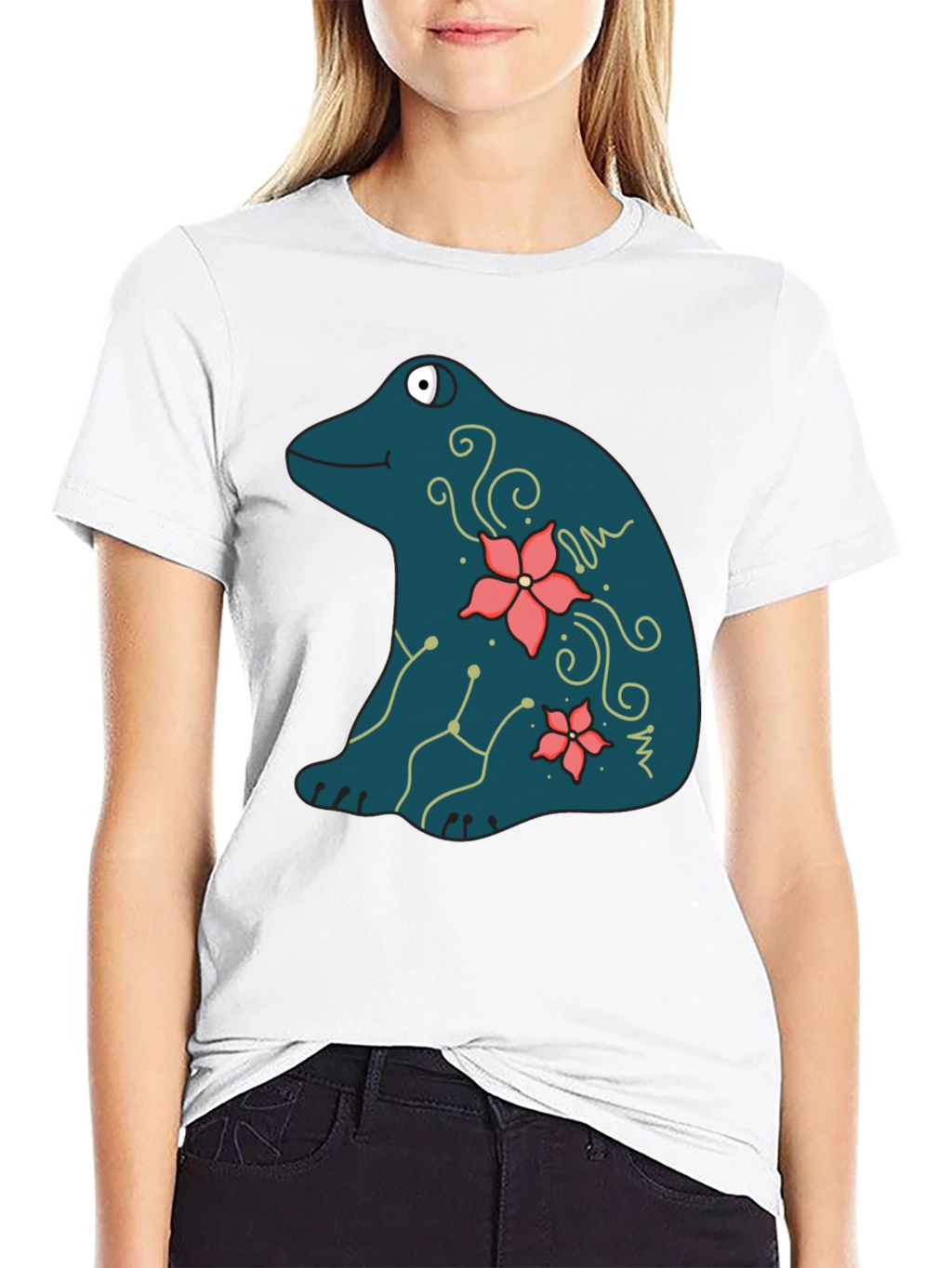 Frog and Flower Graphic Print Black T-Shirt