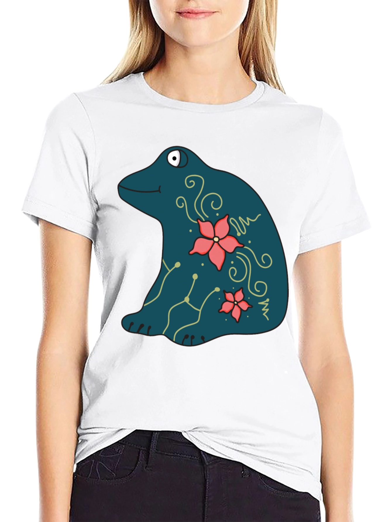 Frog and Flower Graphic Print Black T-Shirt