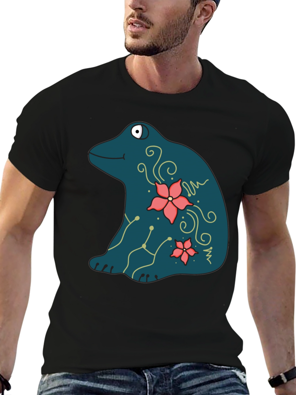 Frog and Flower Graphic Print Black T-Shirt