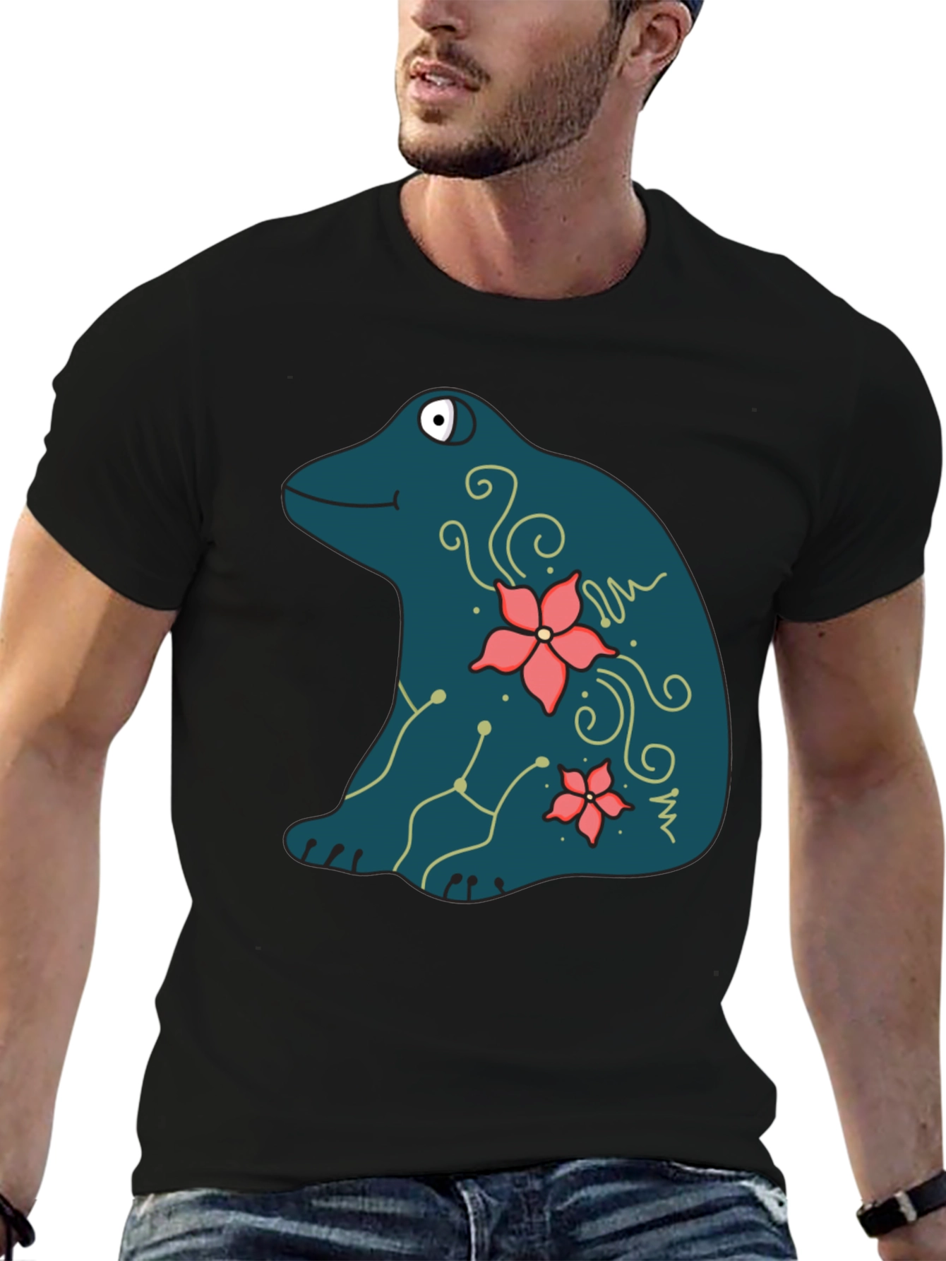 Frog and Flower Graphic Print Black T-Shirt