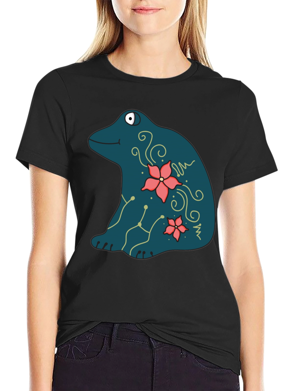 Frog and Flower Graphic Print Black T-Shirt