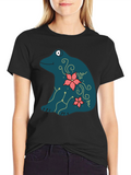 Frog and Flower Graphic Print Black T-Shirt