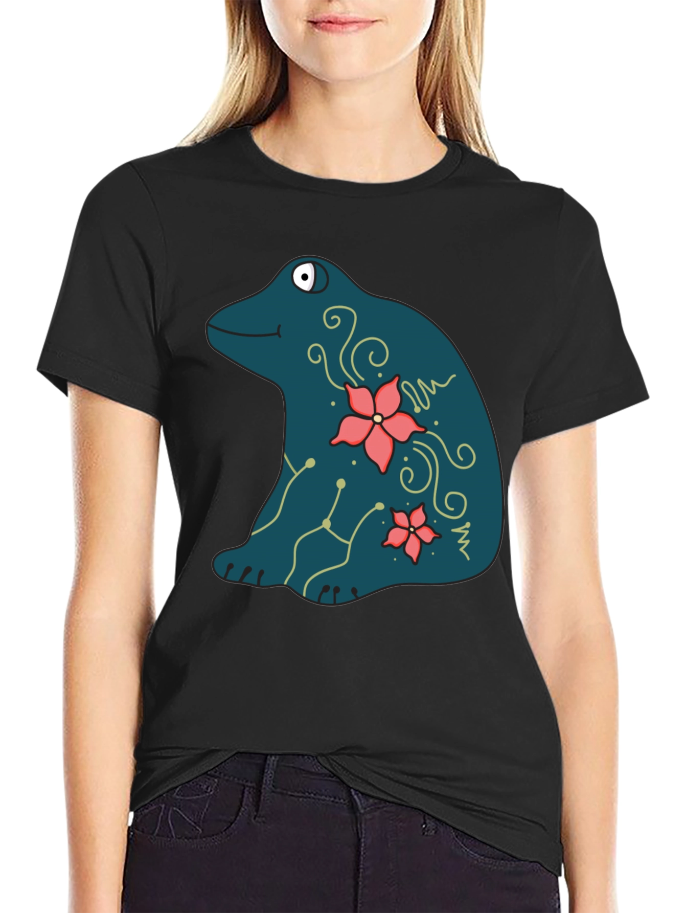 Frog and Flower Graphic Print Black T-Shirt