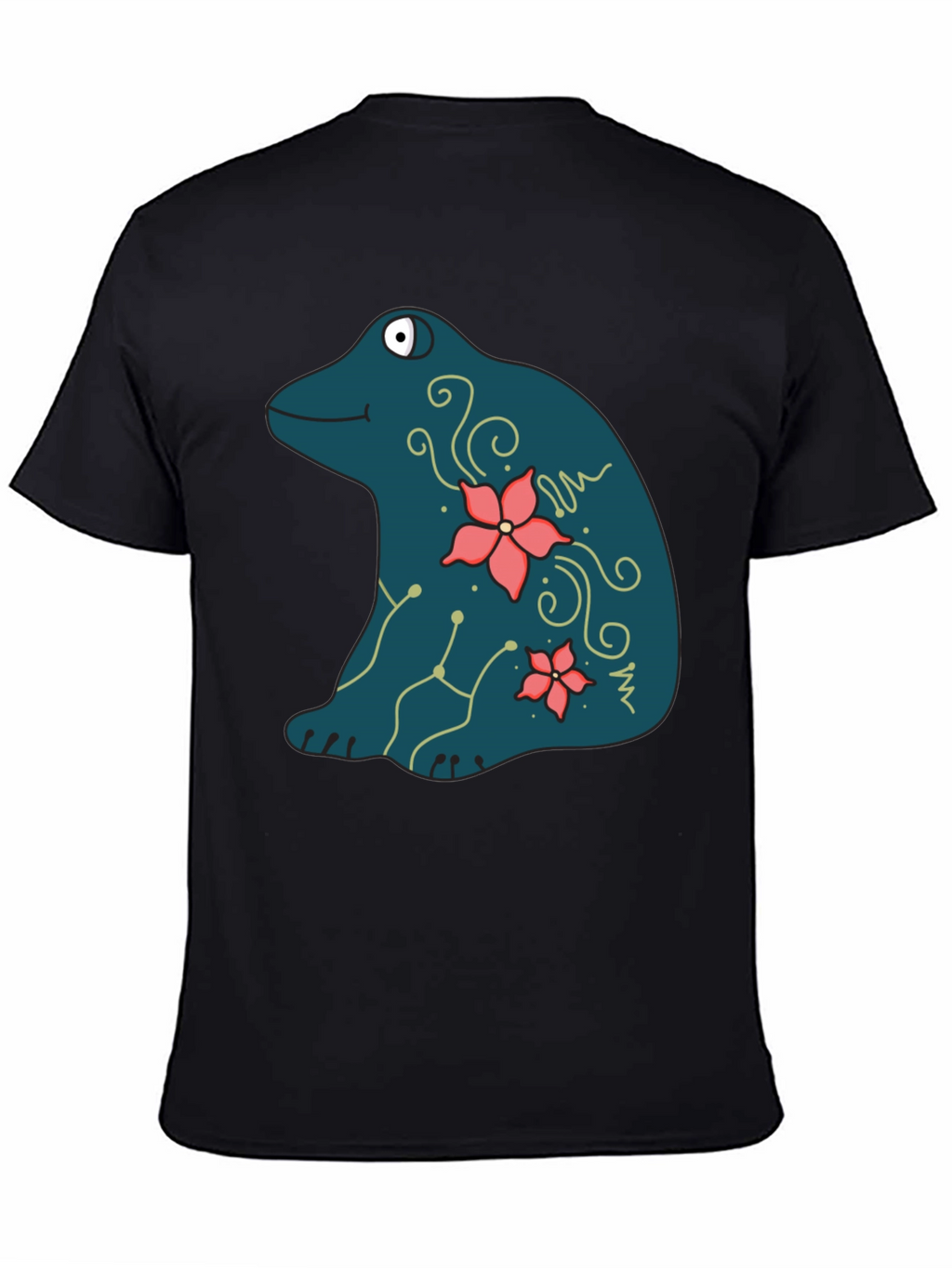 Frog and Flower Graphic Print Black T-Shirt