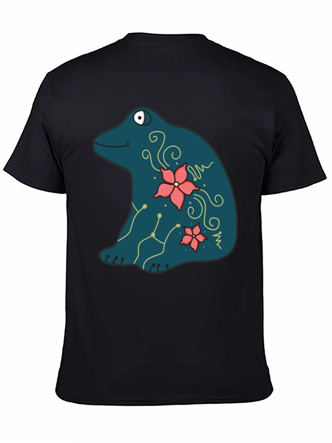 Frog and Flower Graphic Print Black T-Shirt