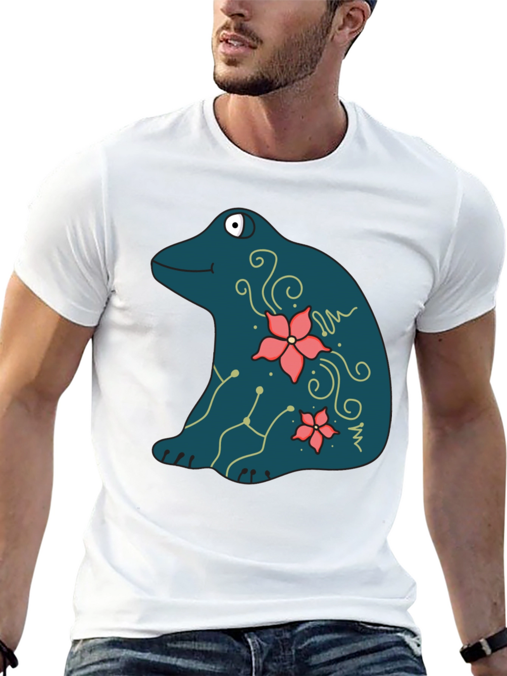 Frog and Flower Graphic Print Black T-Shirt