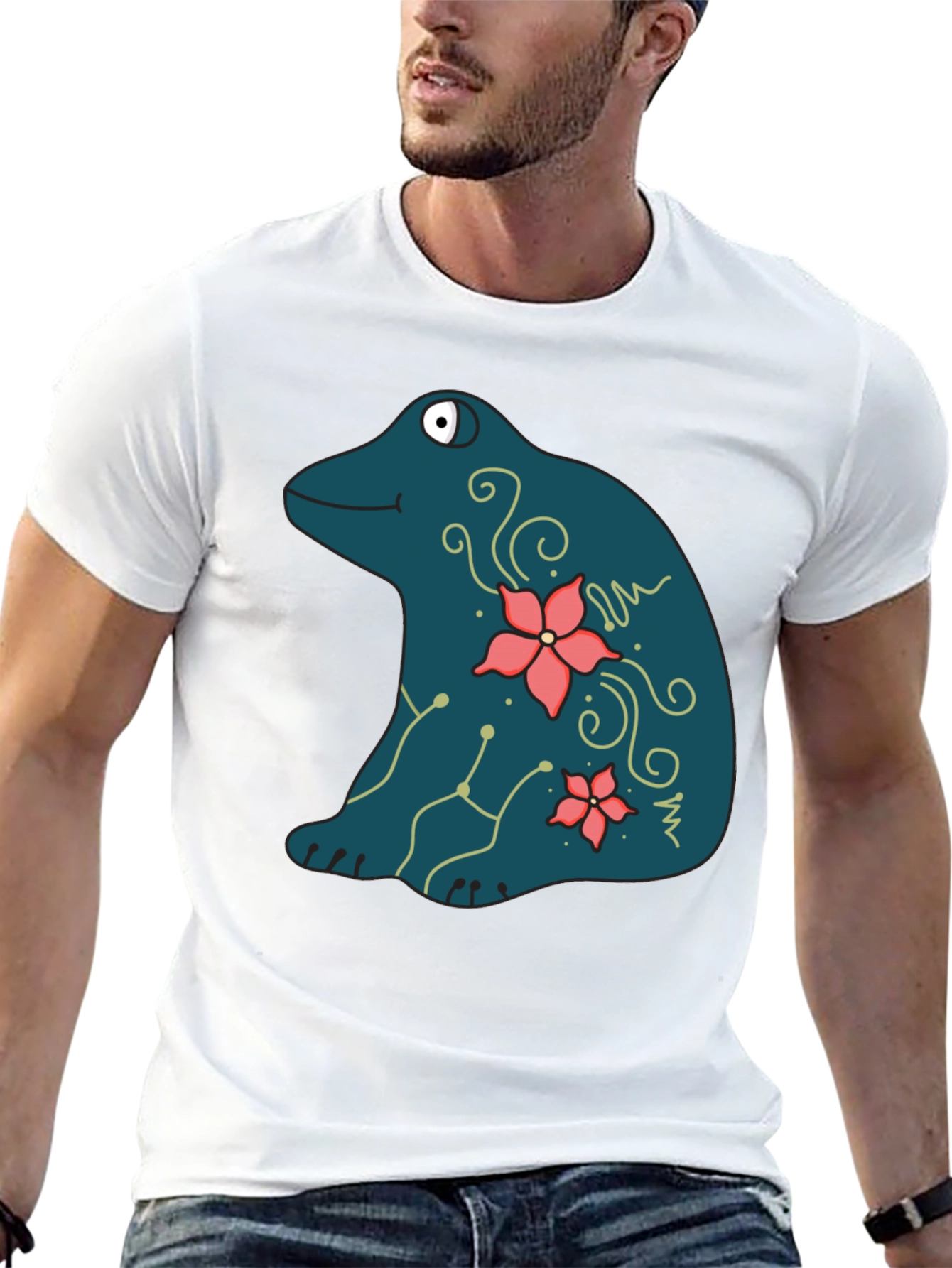 Frog and Flower Graphic Print Black T-Shirt