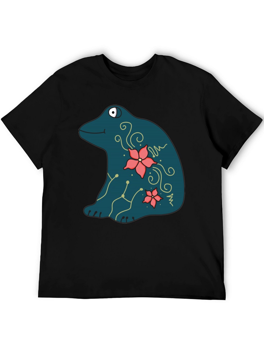 Frog and Flower Graphic Print Black T-Shirt