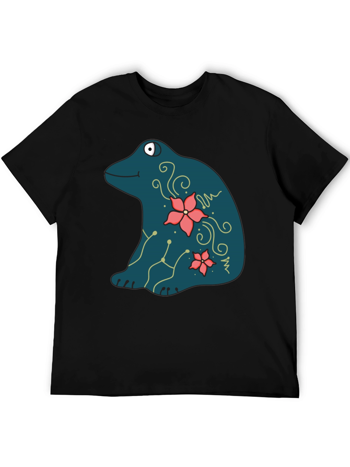Frog and Flower Graphic Print Black T-Shirt