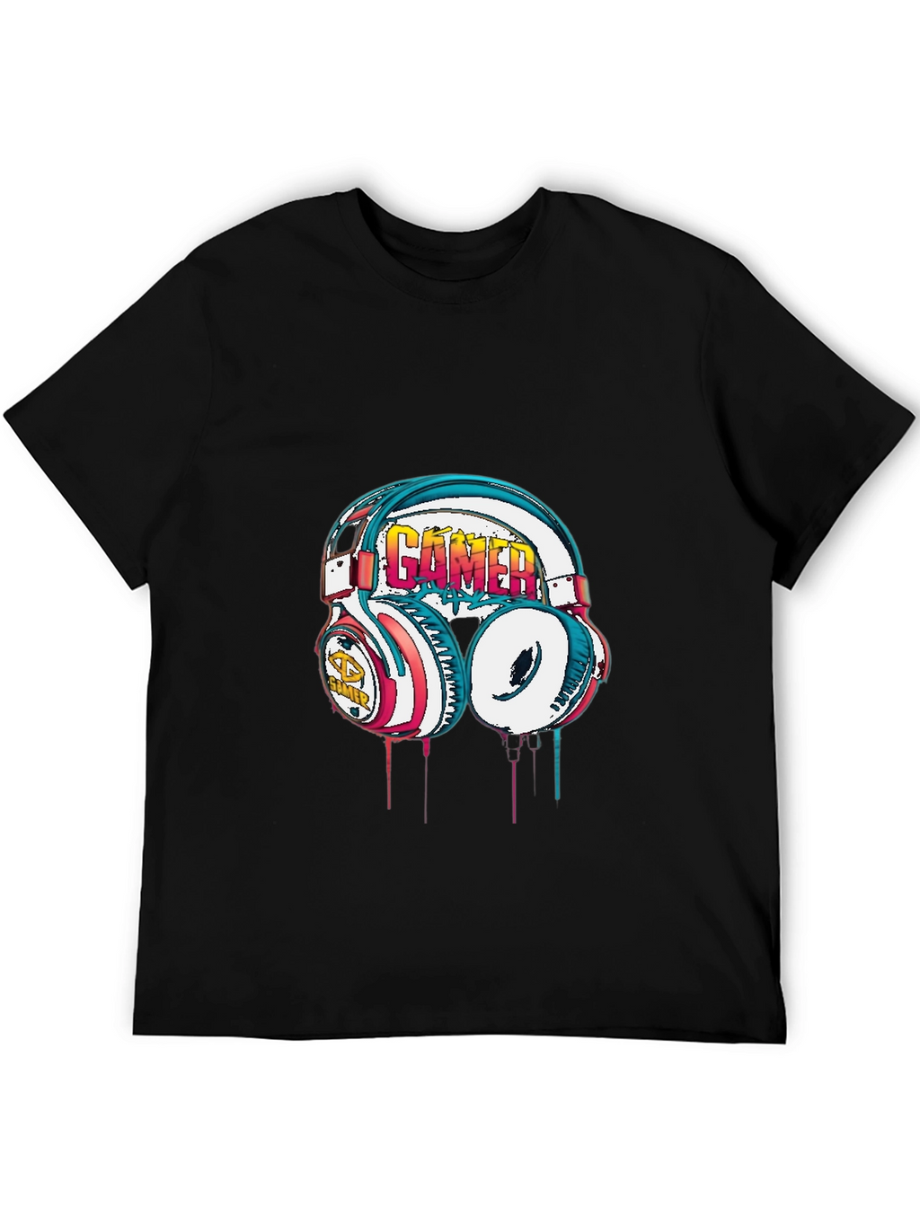 Gamer Headset Graphic Tee - Black Cotton Casual Shirt