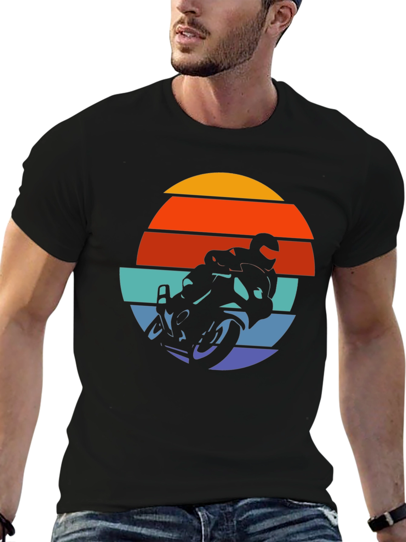 Retro Motorcycle Sunset Graphic Tee - Black Cotton