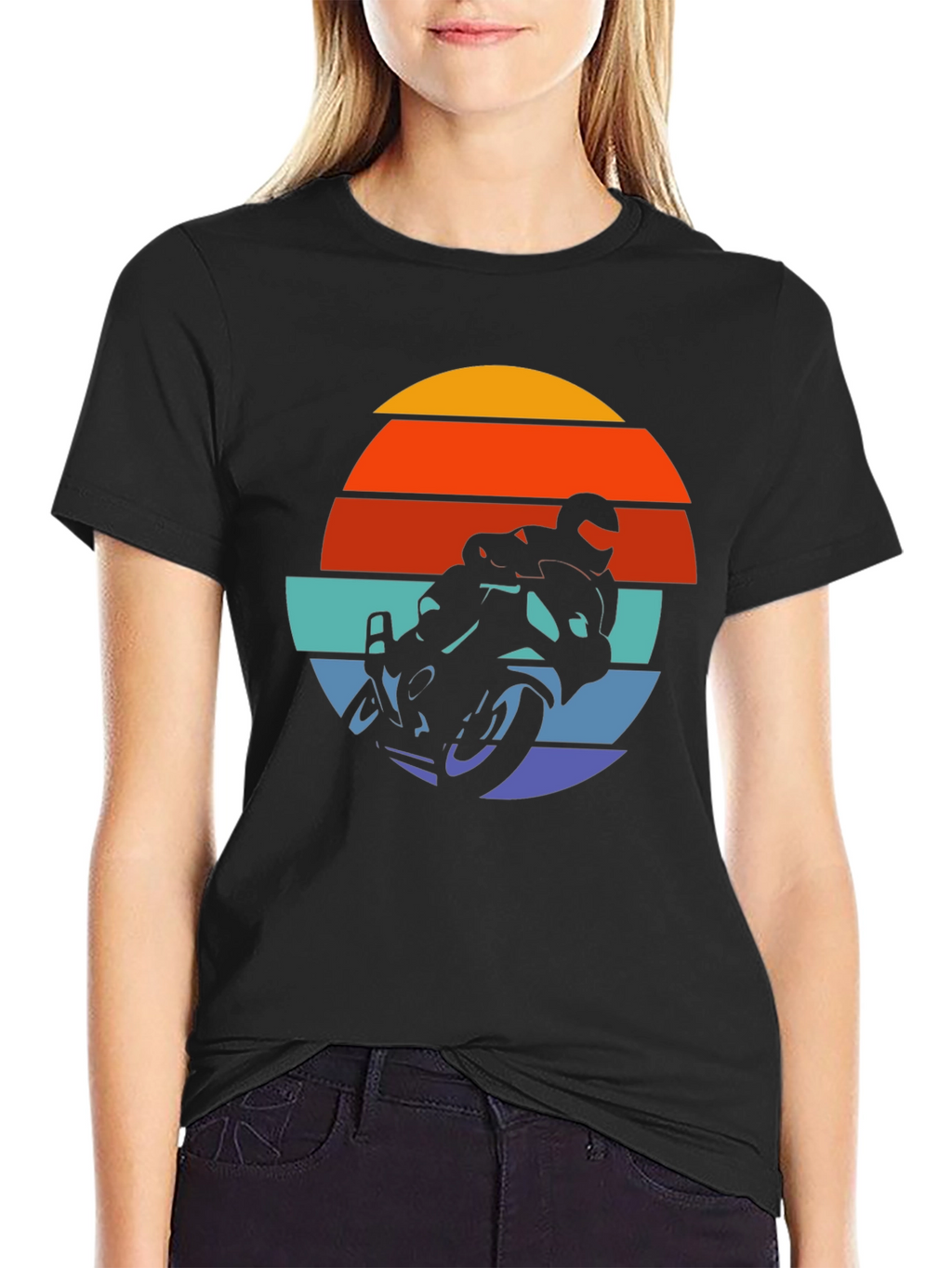 Retro Motorcycle Sunset Graphic Tee - Black Cotton