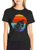 Retro Motorcycle Sunset Graphic Tee - Black Cotton