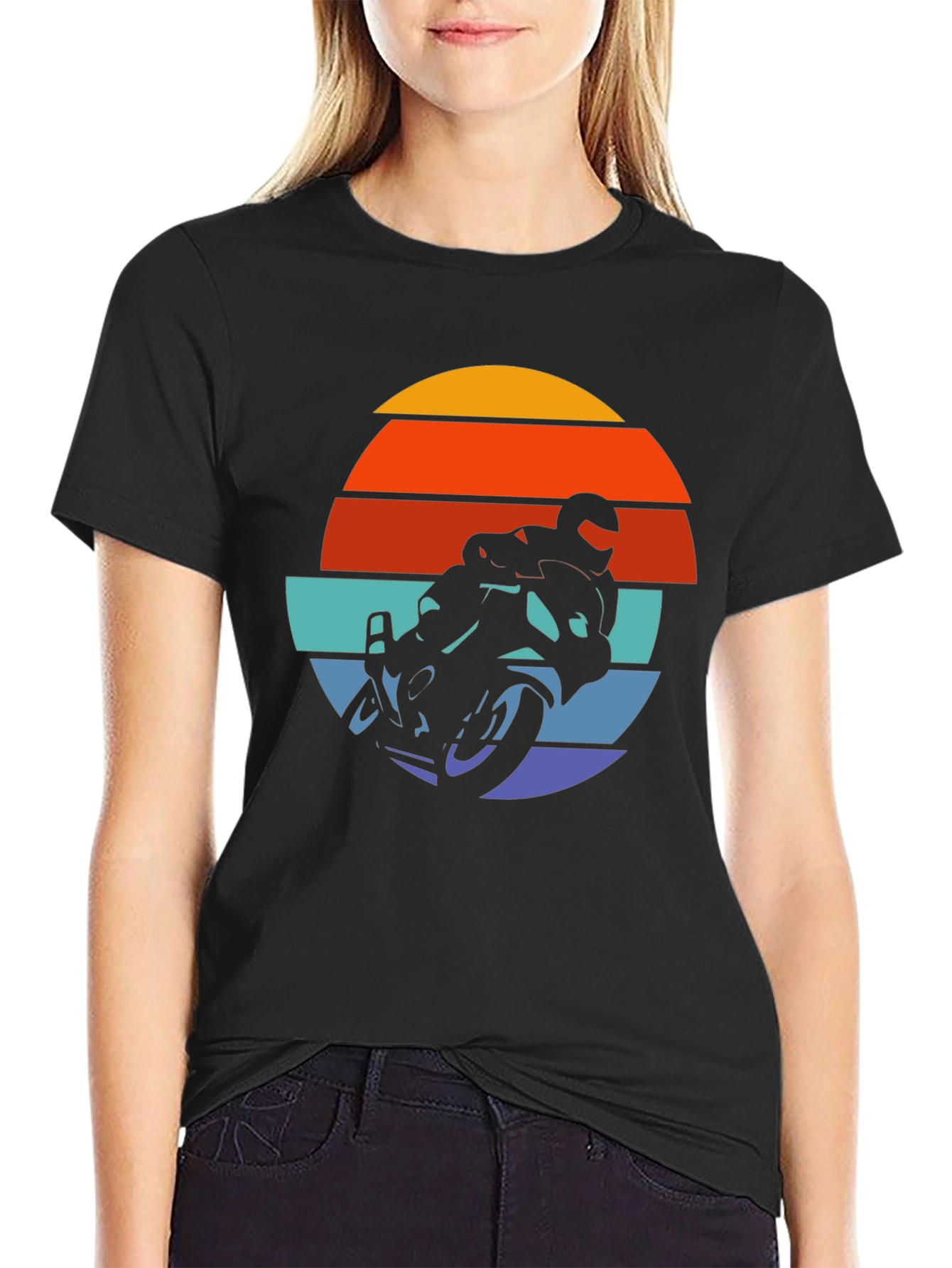 Retro Motorcycle Sunset Graphic Tee - Black Cotton