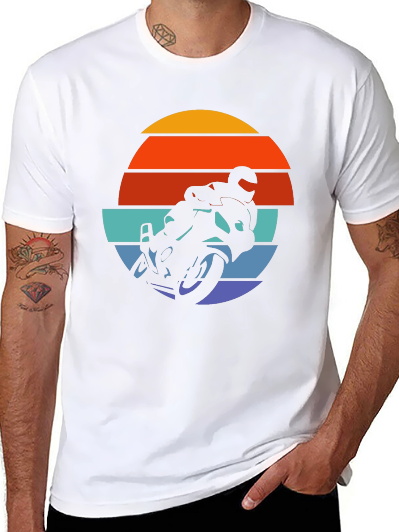 Retro Motorcycle Sunset Graphic Tee - Black Cotton