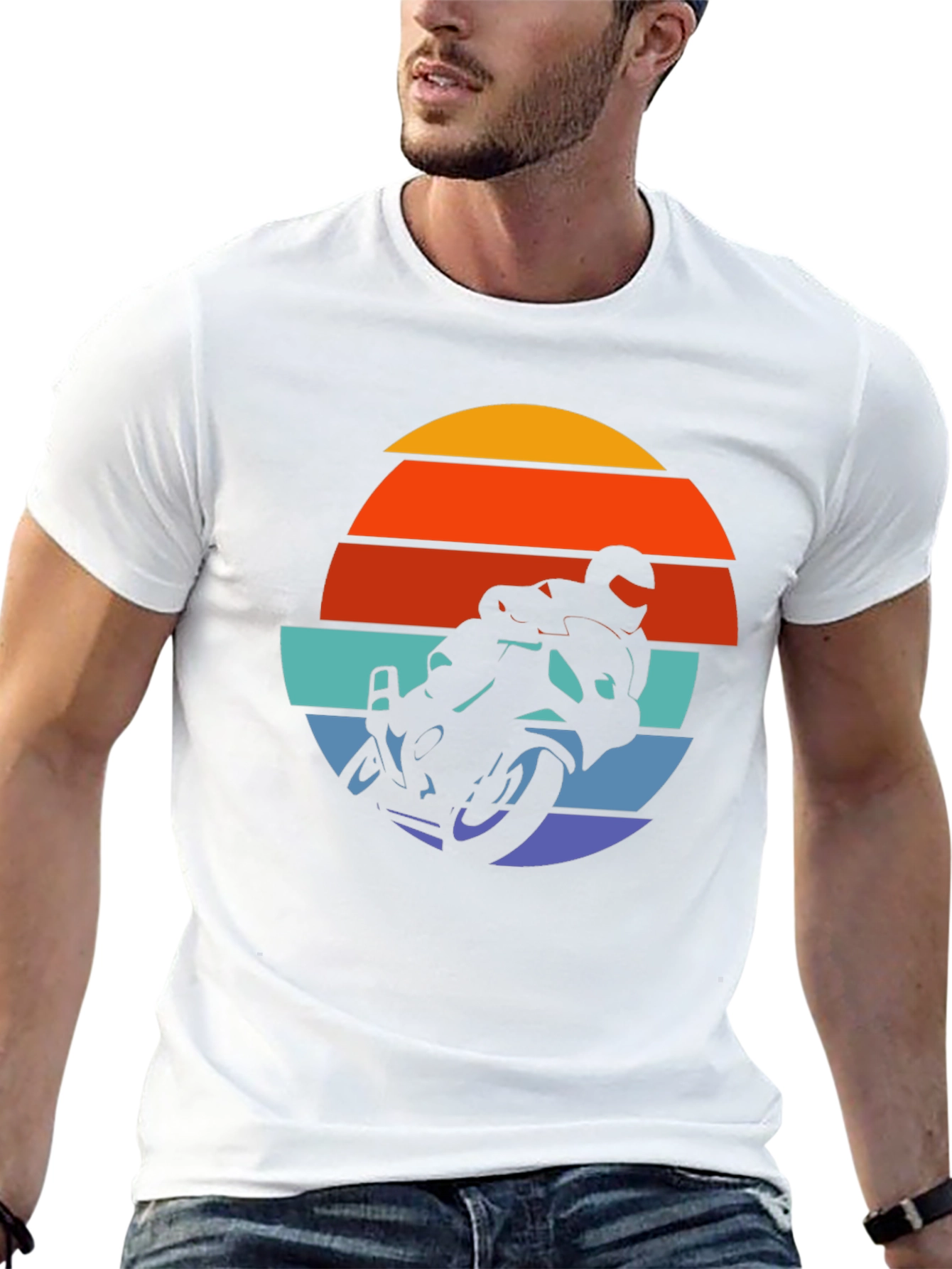 Retro Motorcycle Sunset Graphic Tee - Black Cotton