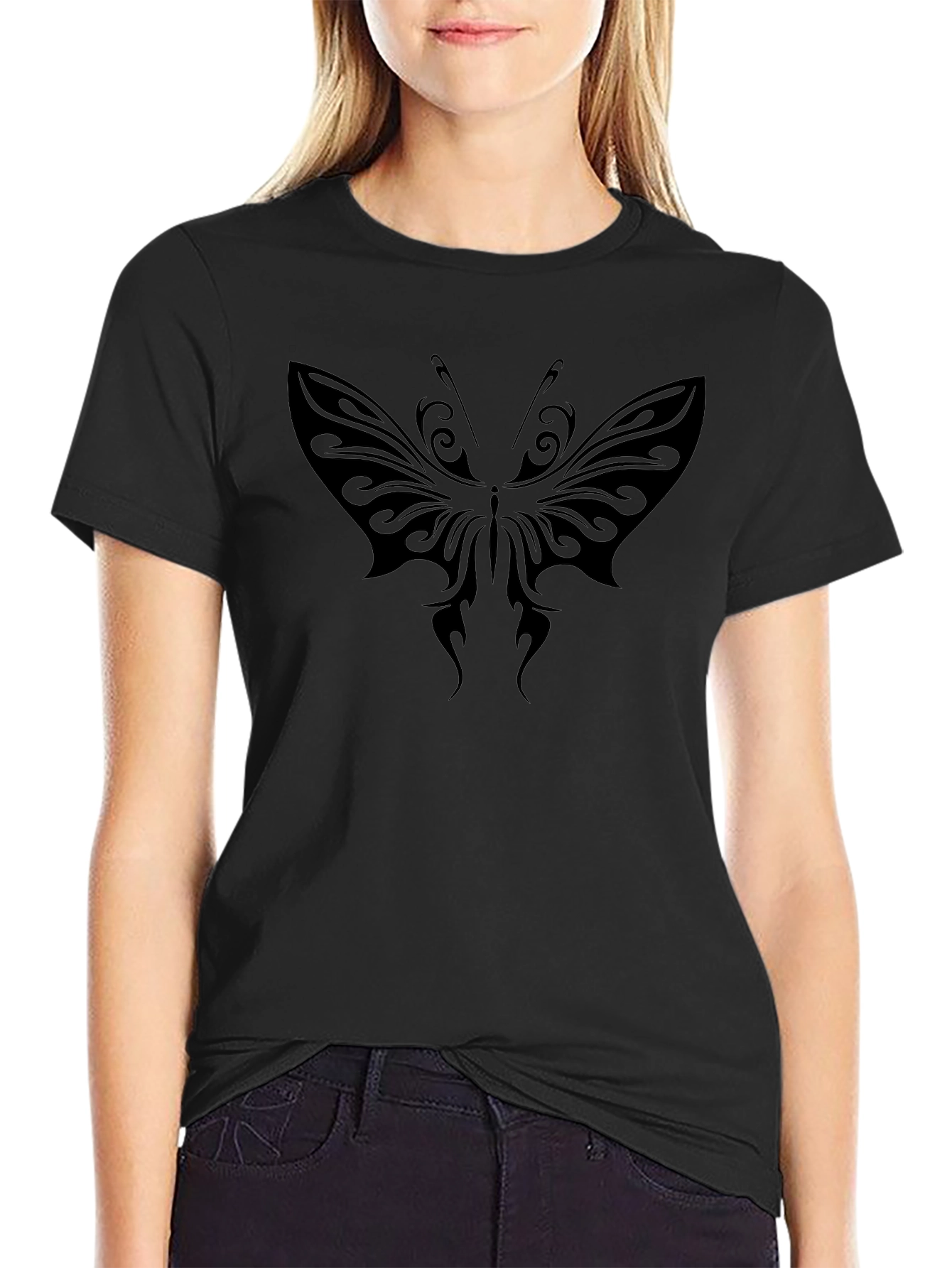 Tribal Butterfly Graphic Black T-Shirt