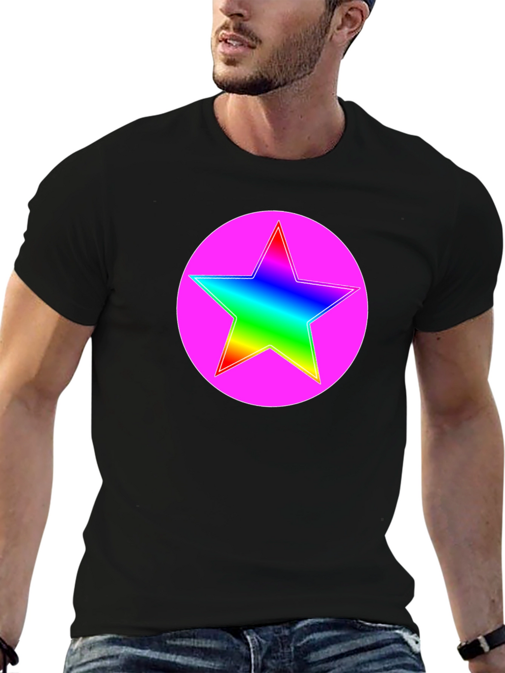 Rainbow Star Pink Circle Graphic T-Shirt