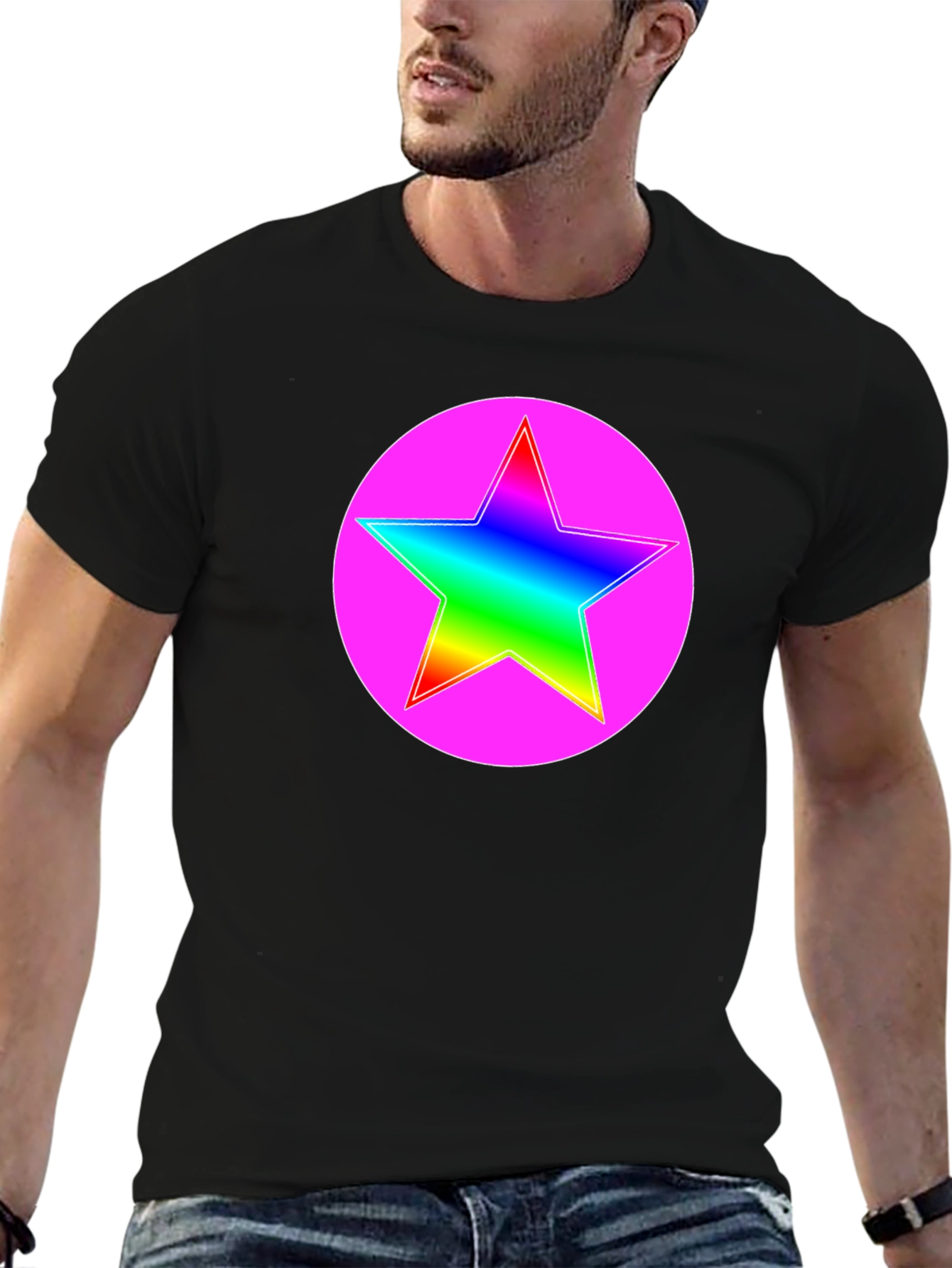 Rainbow Star Pink Circle Graphic T-Shirt