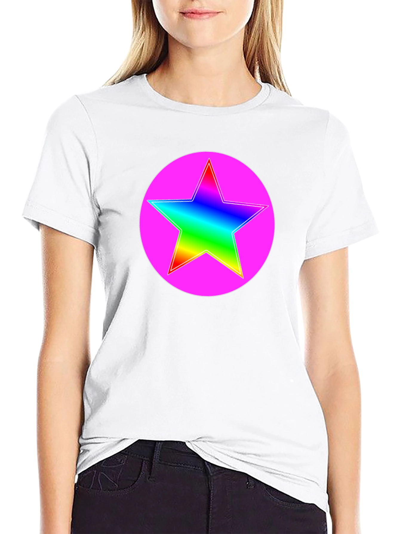 Rainbow Star Pink Circle Graphic T-Shirt