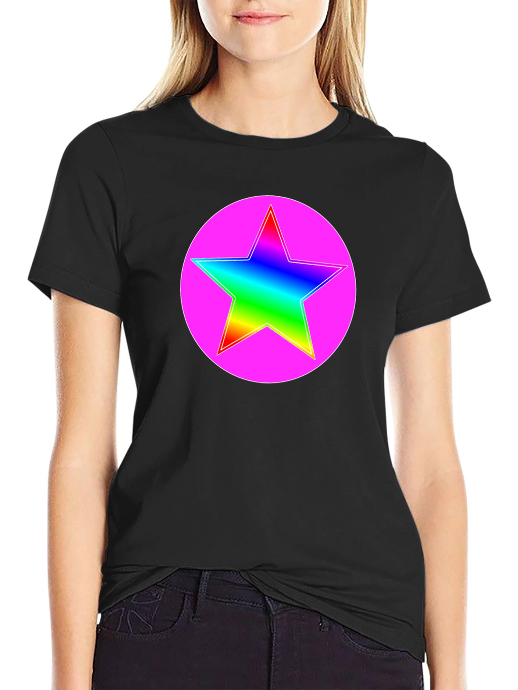 Rainbow Star Pink Circle Graphic T-Shirt