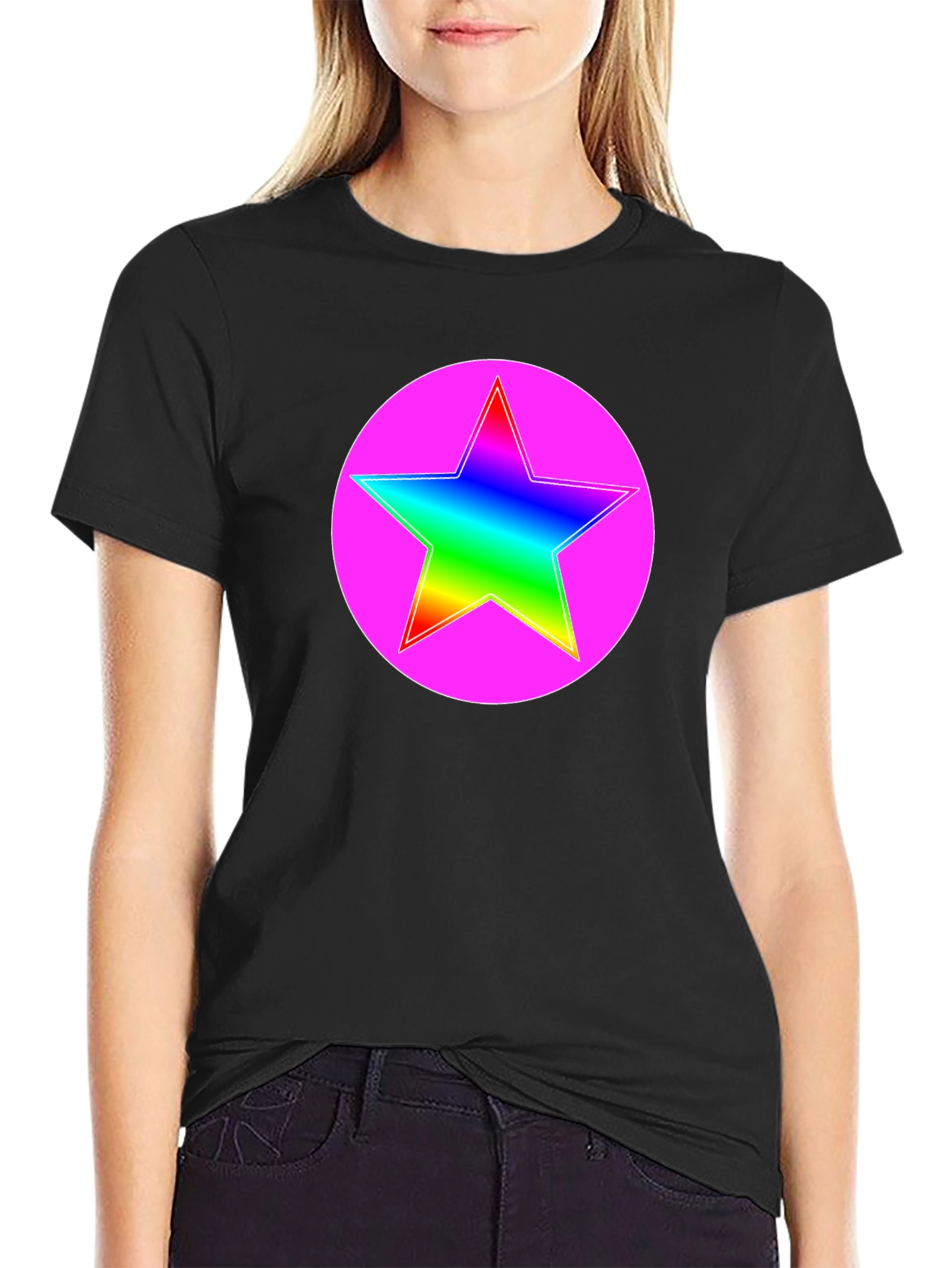 Rainbow Star Pink Circle Graphic T-Shirt