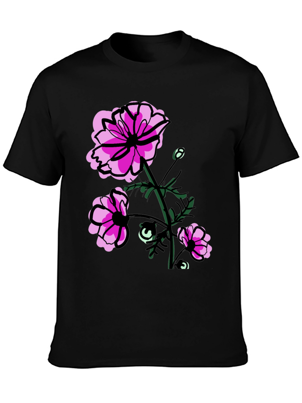 Floral Graphic T-Shirt - Pink Flowers on Black