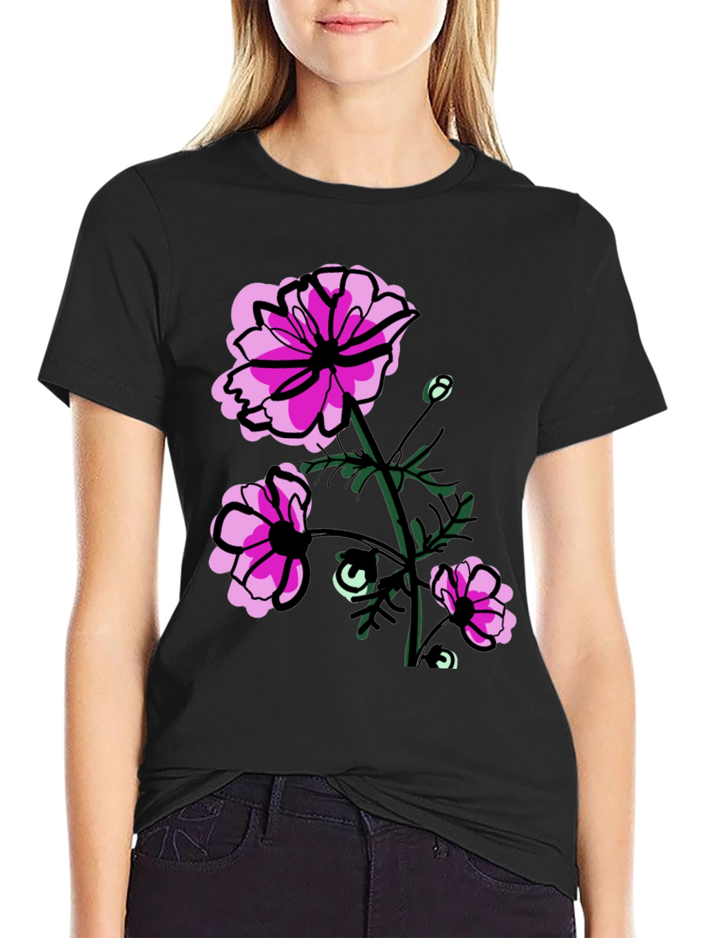 Floral Graphic T-Shirt - Pink Flowers on Black