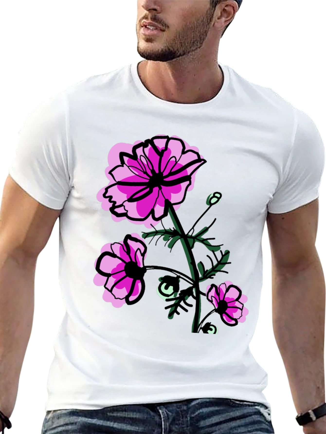 Floral Graphic T-Shirt - Pink Flowers on Black