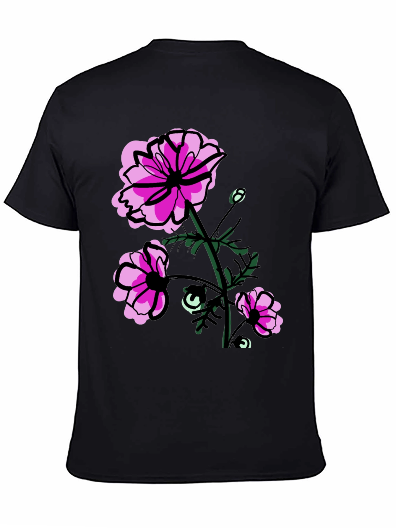 Floral Graphic T-Shirt - Pink Flowers on Black