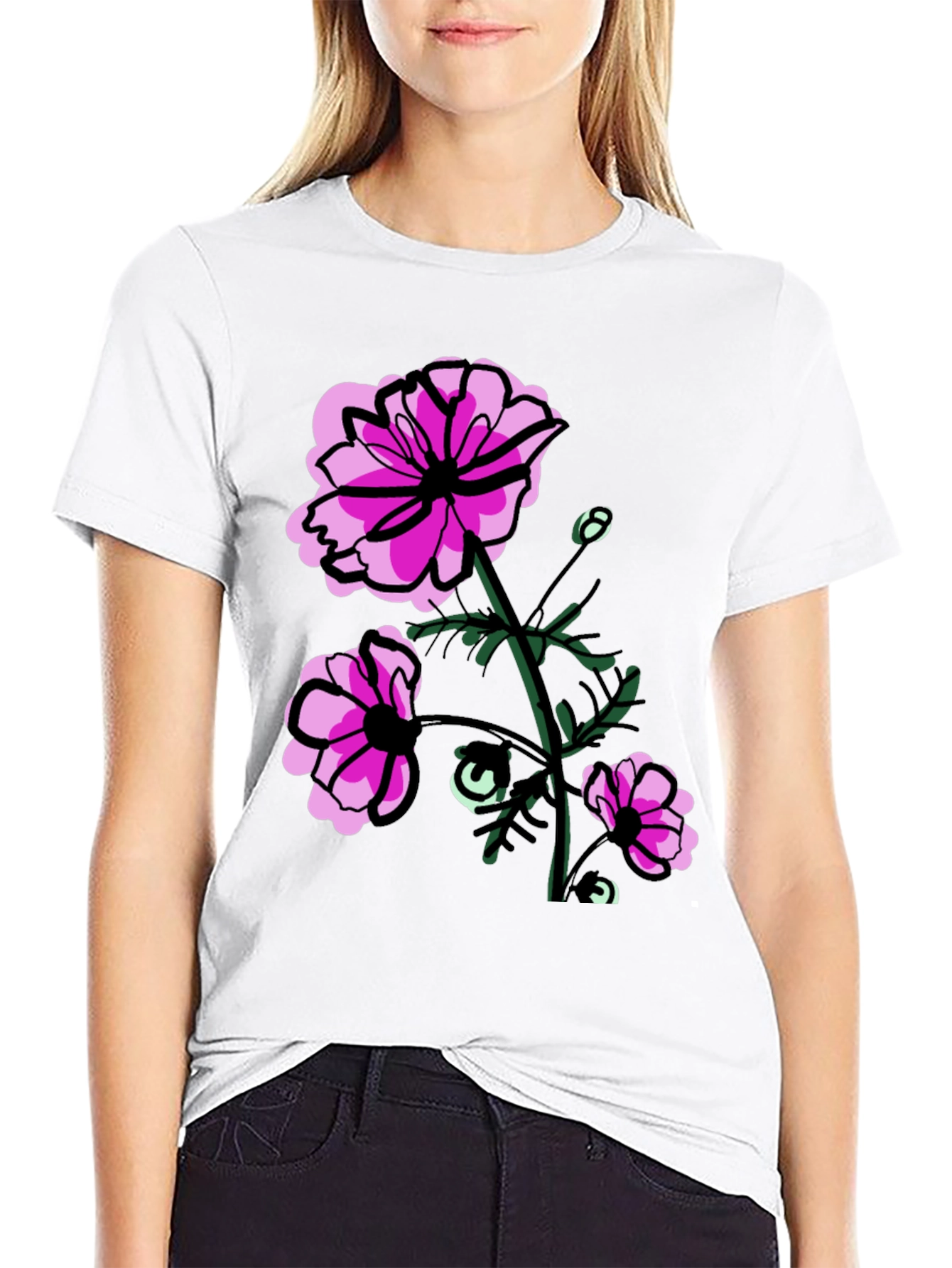 Floral Graphic T-Shirt - Pink Flowers on Black