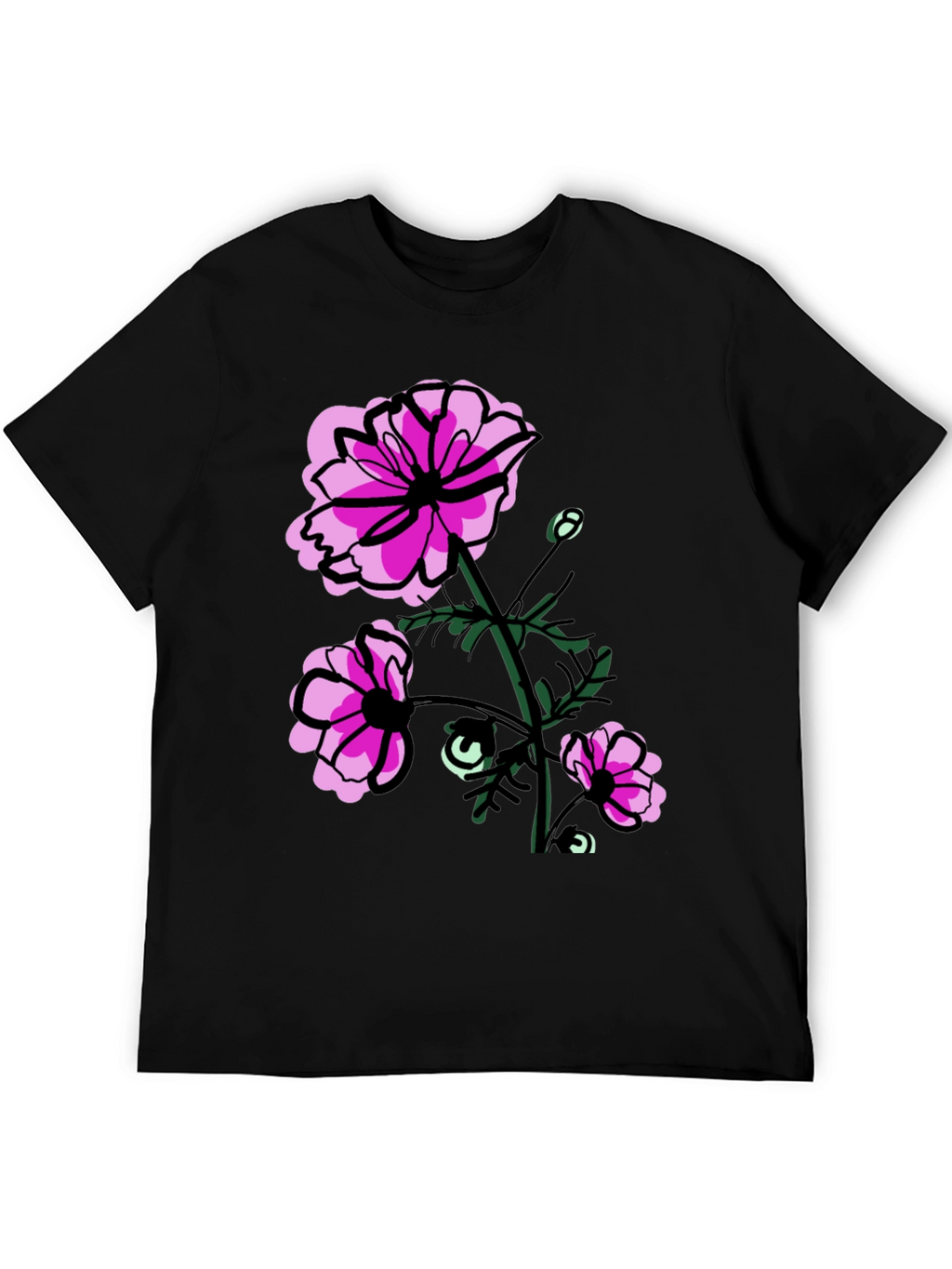 Floral Graphic T-Shirt - Pink Flowers on Black