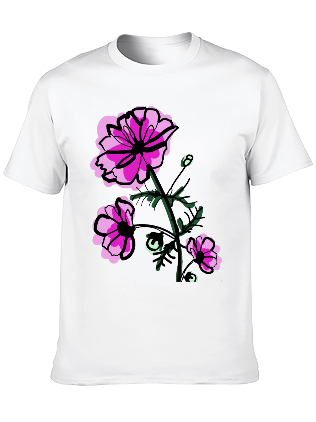 Floral Graphic T-Shirt - Pink Flowers on Black