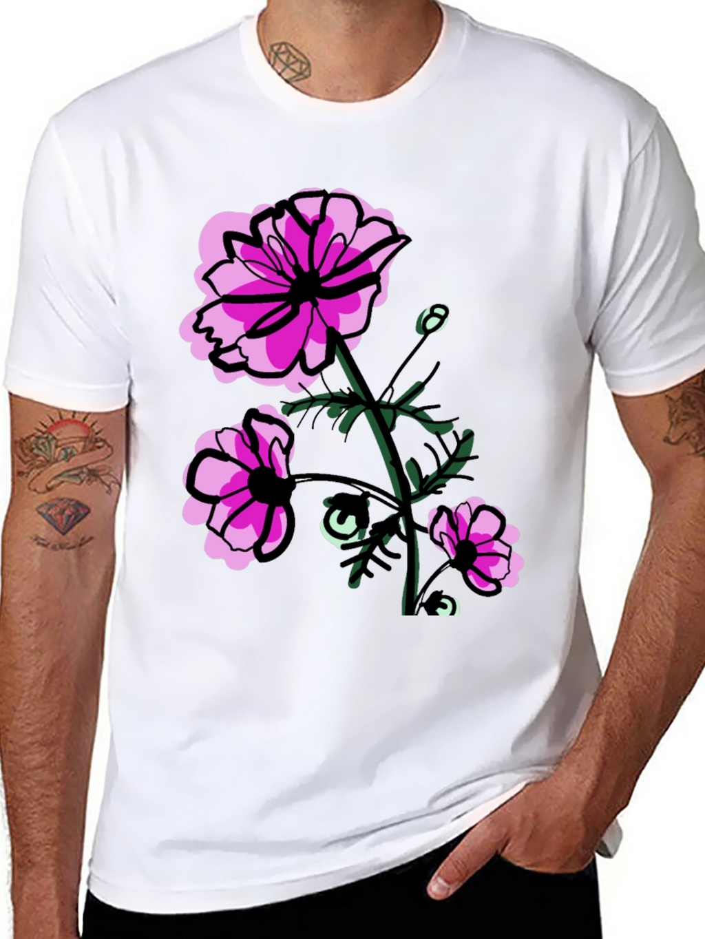 Floral Graphic T-Shirt - Pink Flowers on Black