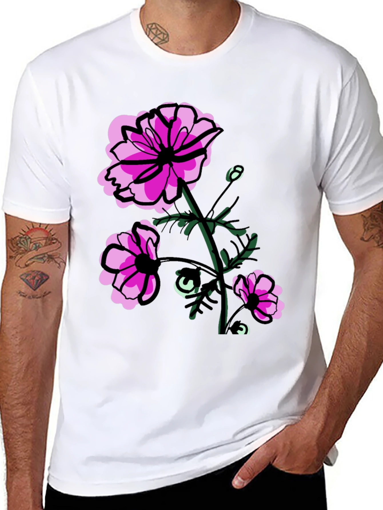 Floral Graphic T-Shirt - Pink Flowers on Black